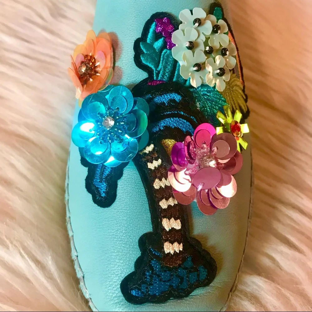 Bill Blass Sutton Espadrille Aqua Leather Sequin Floral Flats NWT SZ 8 Dopamine